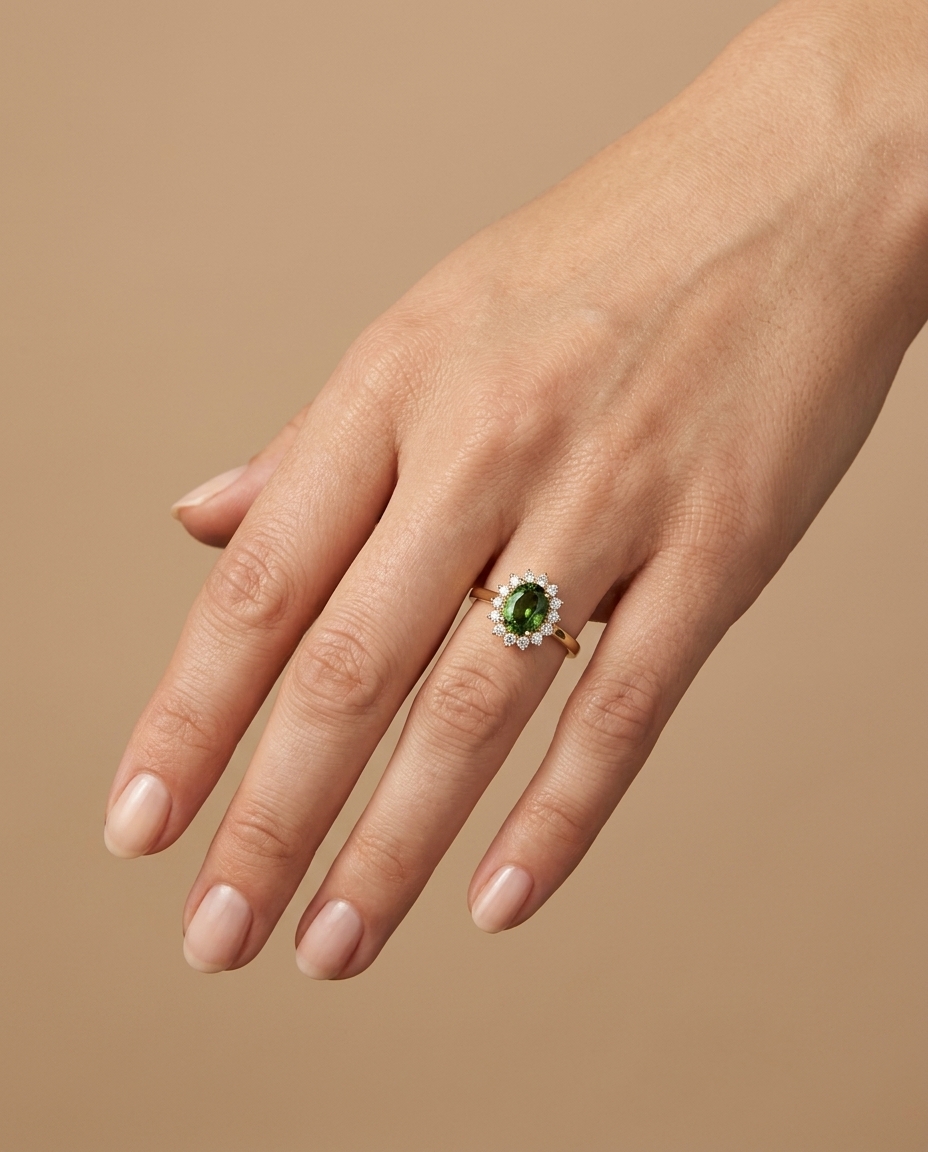 14KT Yellow Gold Green Sapphire and Diamond Ring on model