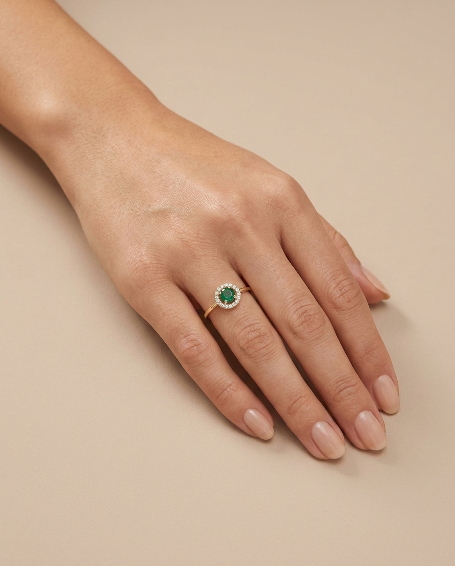 14KT Yellow Gold Emerald and Diamonds Ring on model