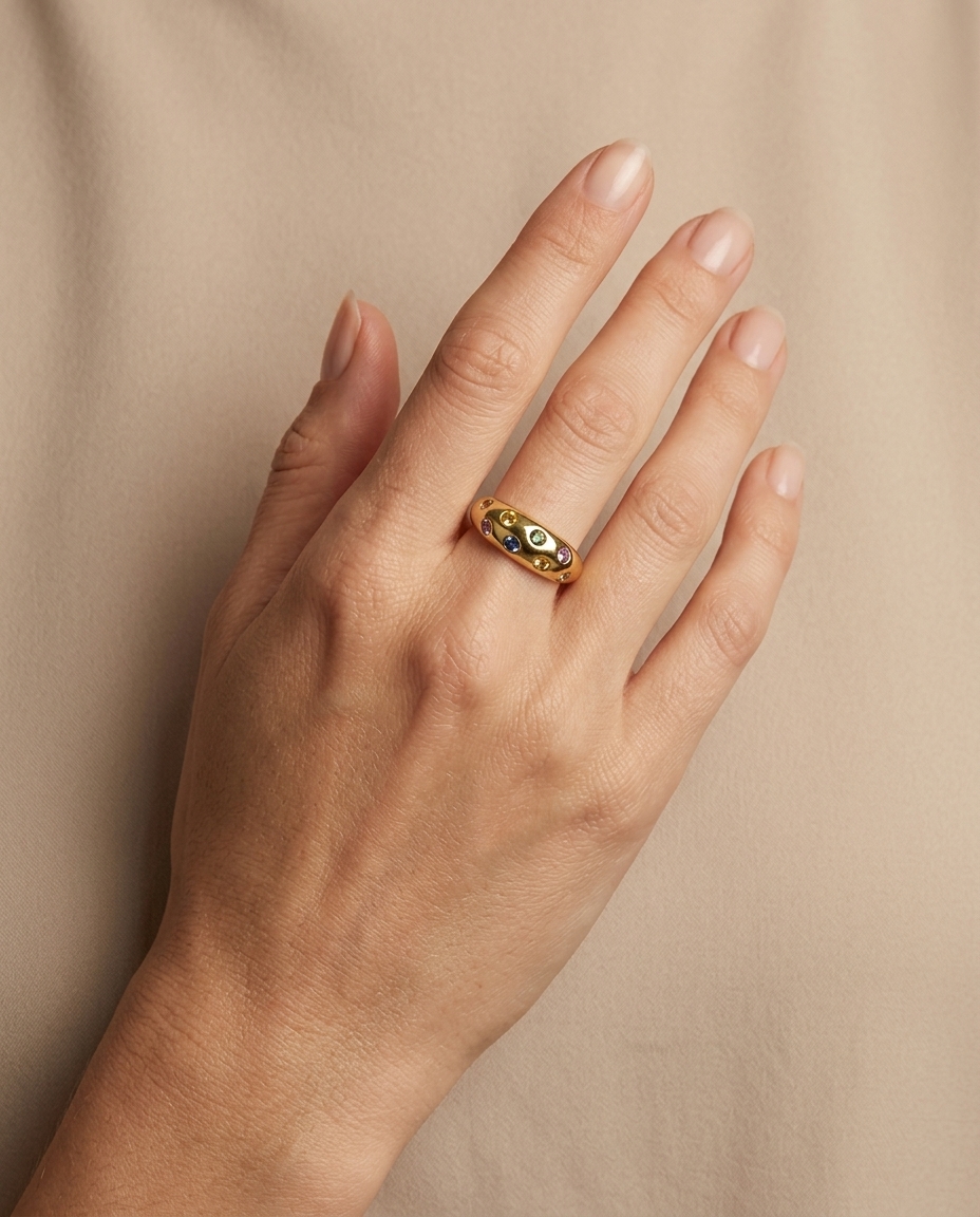 14KT Yellow Gold Multi Sapphire Donut Ring on model