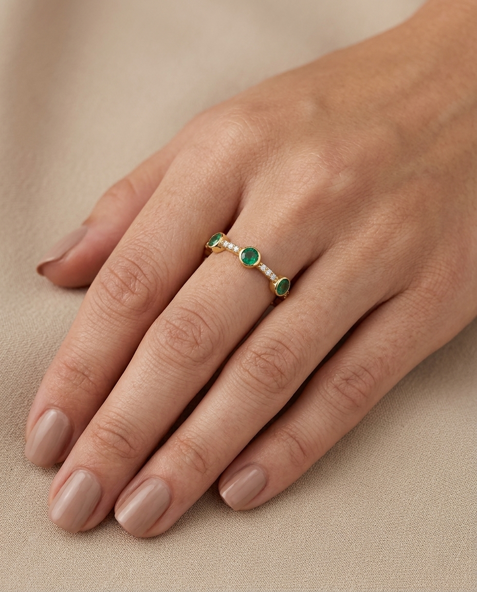 14KT Yellow Gold Diamond and Emerald Ring on model