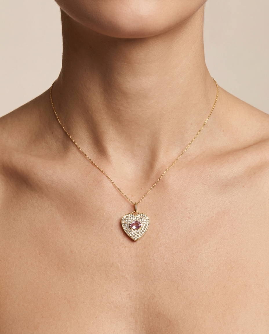 14KT Yellow Gold Heart Pendant with Sapphire and Diamonds on model