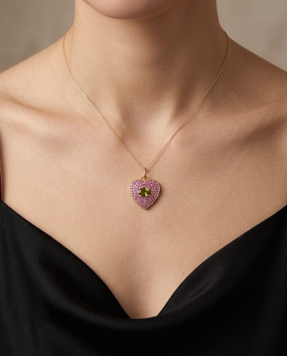14KT Yellow Gold Heart Pendant with Pink and Green Sapphire on model