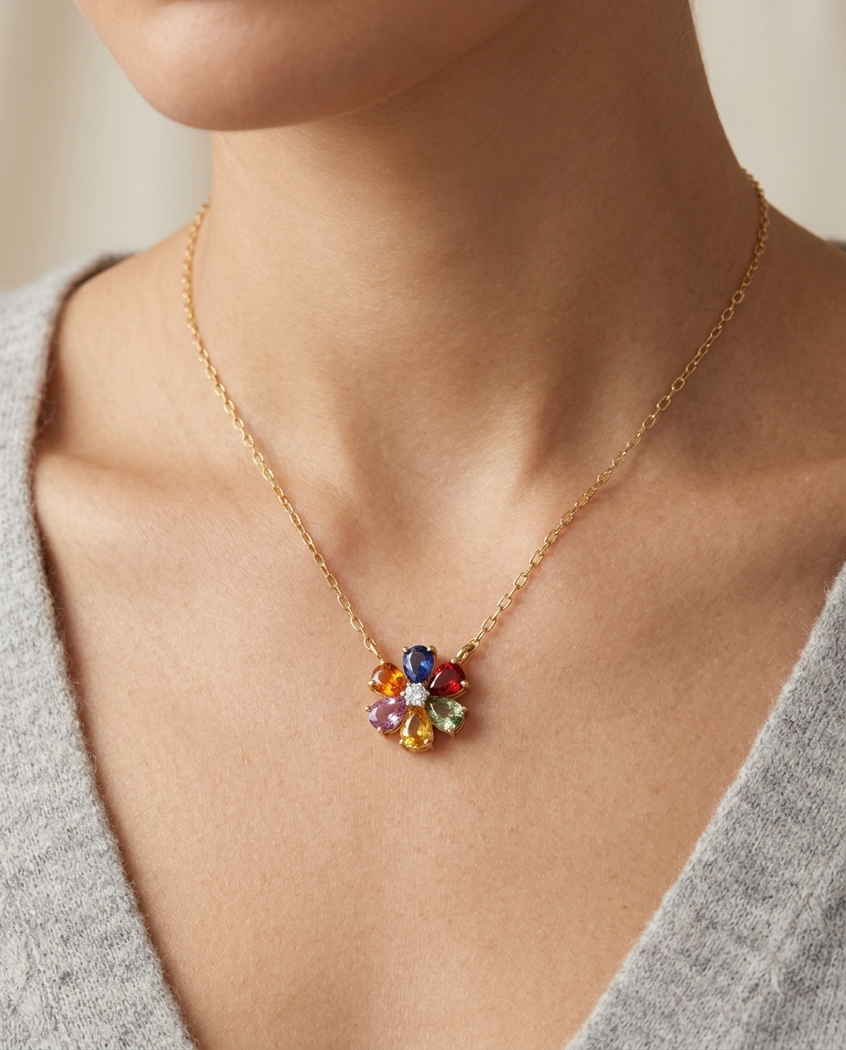 14KT Gold Multi Sapphire and Diamond Flower Pendant Necklace on model