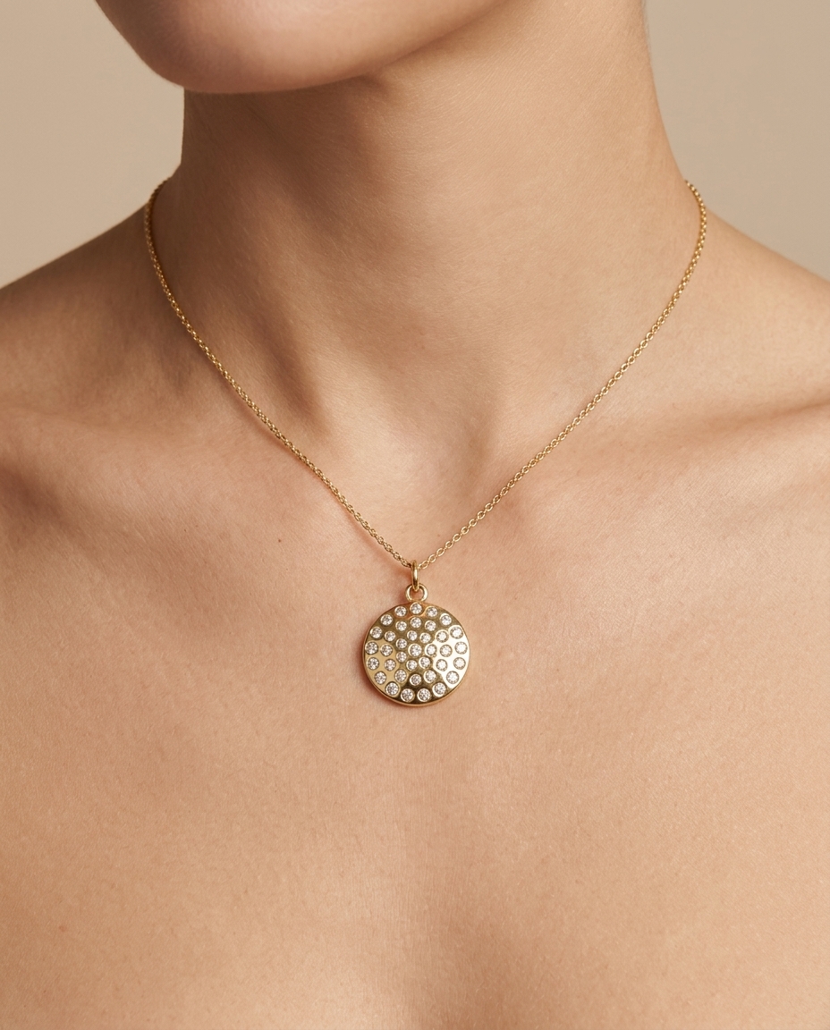 14KT Yellow Gold Diamond Circle Pendant on model