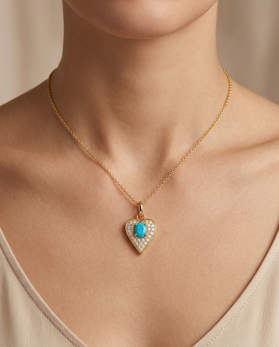 14KT Yellow Gold Heart Pendant with Tourquoise and Diamonds on model
