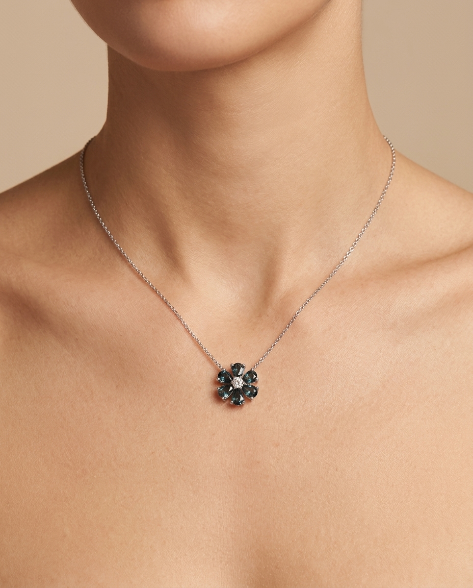 14KT White Gold Green Sapphire and Diamonds Necklace on model