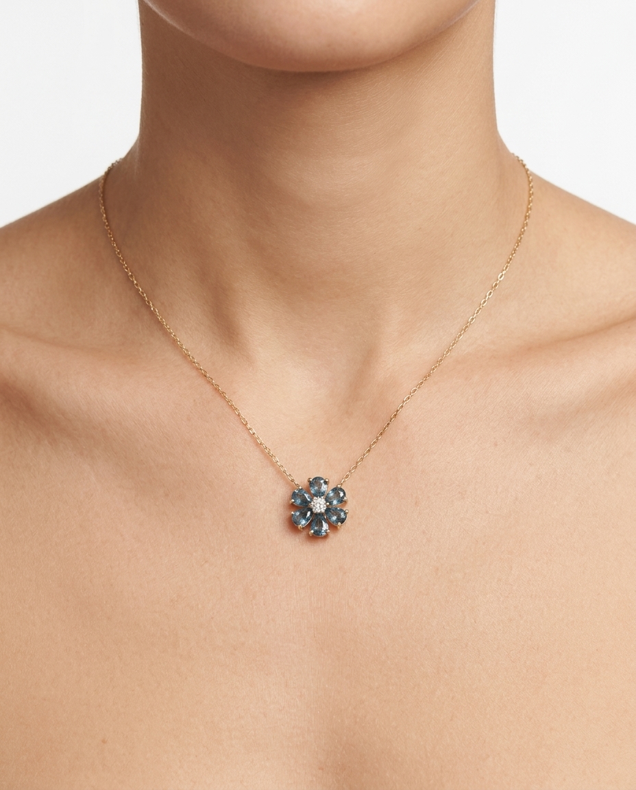 14KT Yellow Gold Green Sapphire and Diamonds Necklace on model