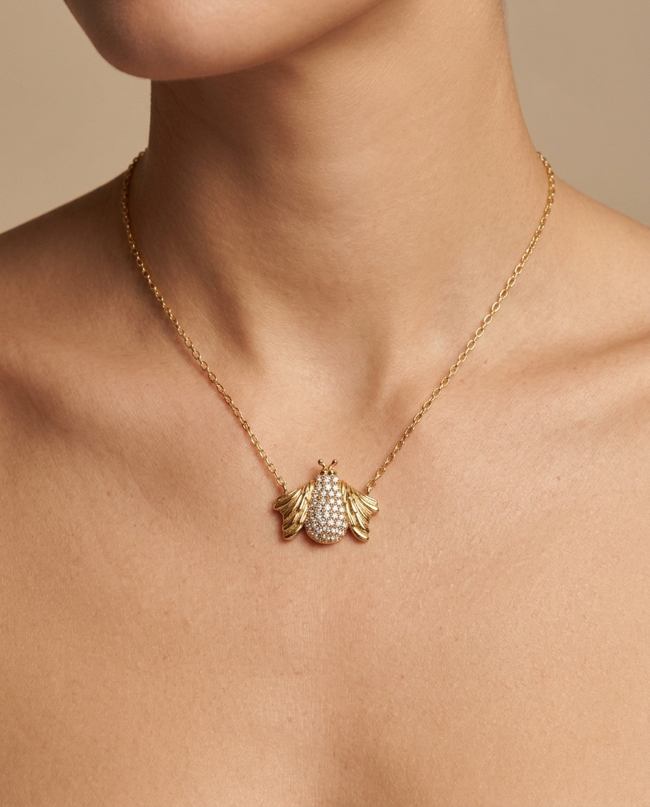 14KT Yellow Gold Bee Diamonds Necklace on model
