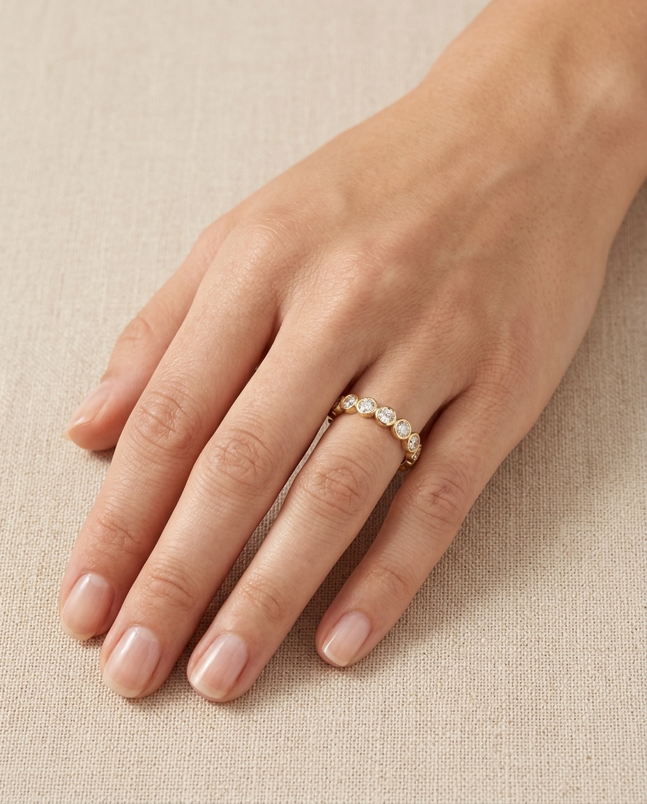 18KT Gold Diamond Bezel Eternity Band on model