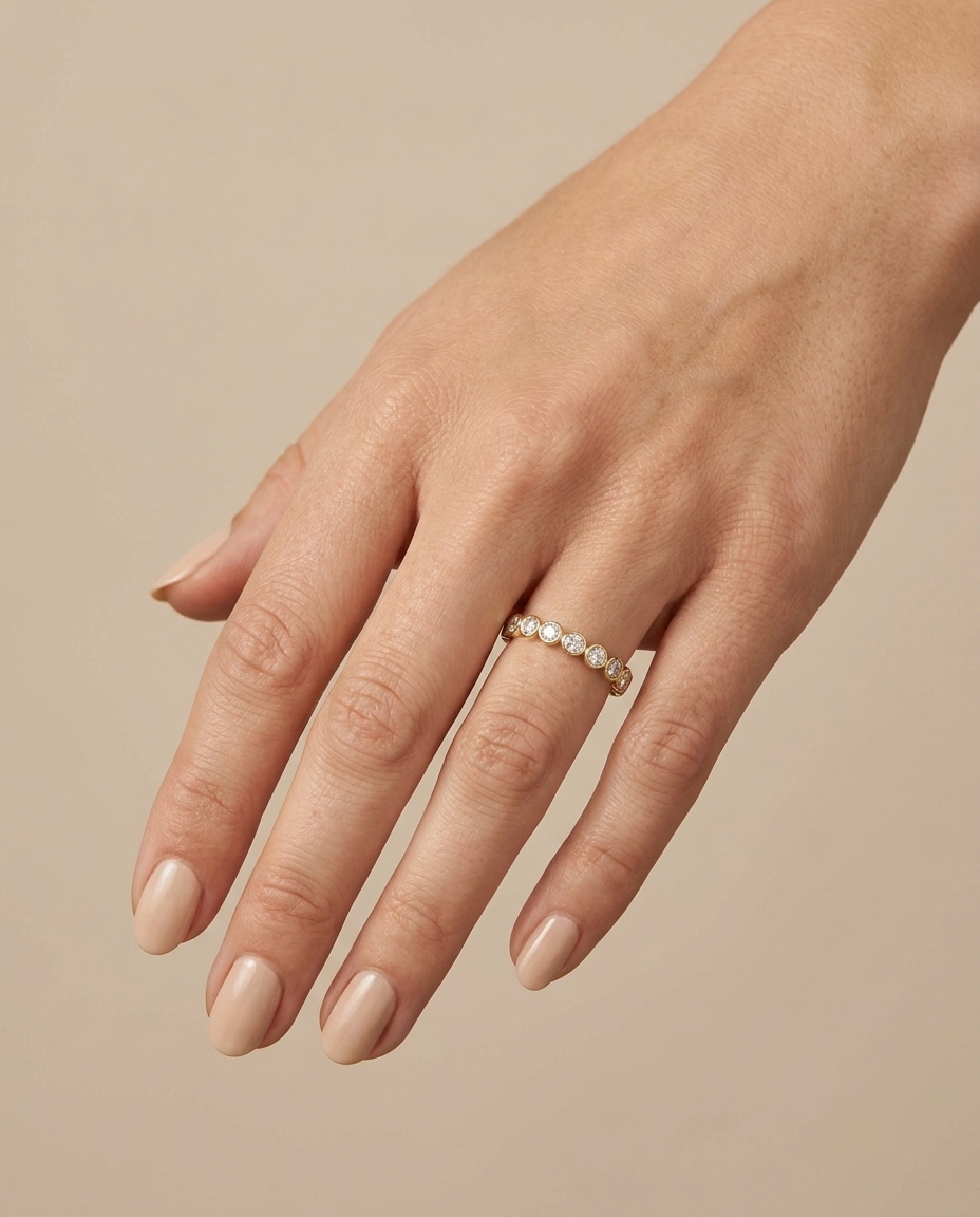 18KT Gold Diamond Bezel Eternity Band on model
