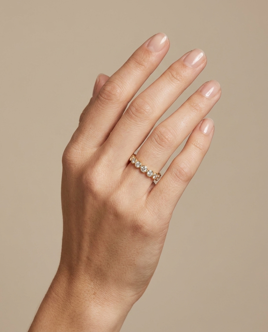 18KT Gold Diamond Bezel Eternity Band on model