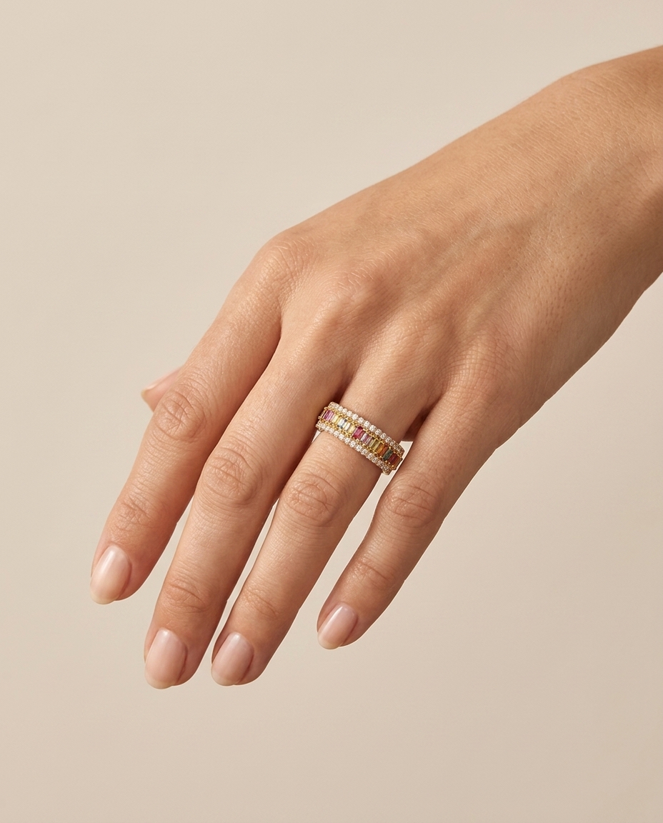 14KT Yellow Gold Multi Sapphire and Diamonds Ring on model