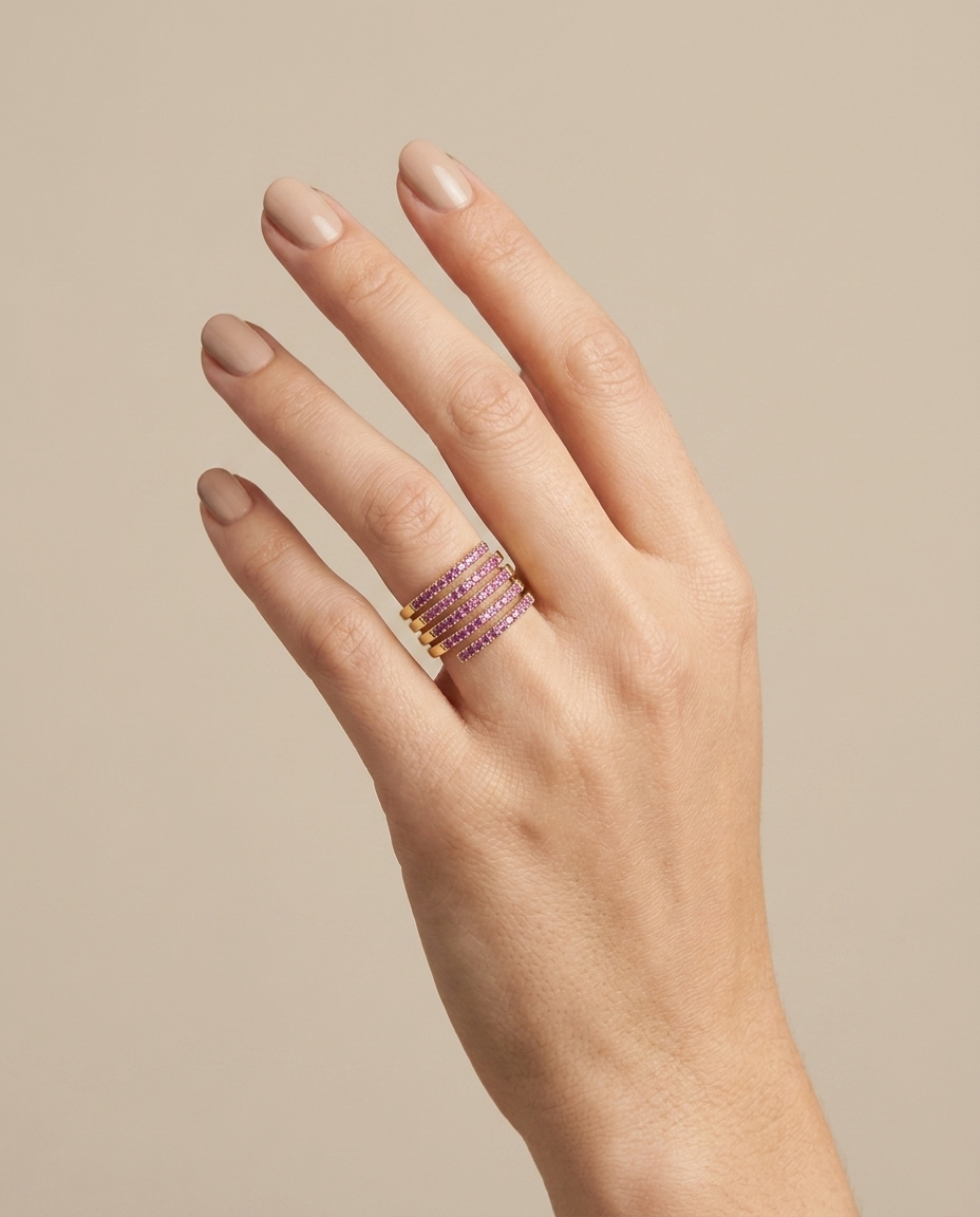 14KT Yellow Gold Pink Sapphire Ring on model