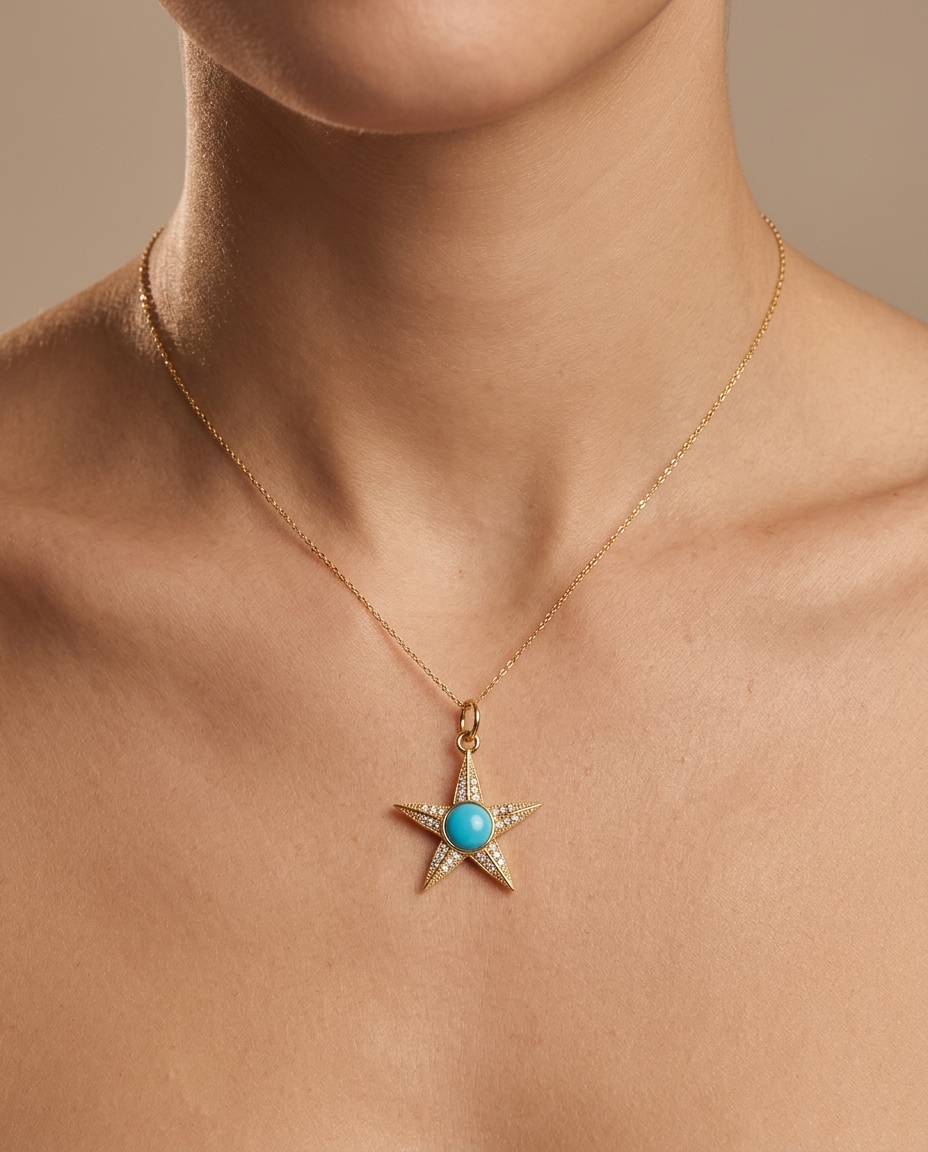 14KT Yellow Gold Turquoise Star Pendant with Diamonds on model