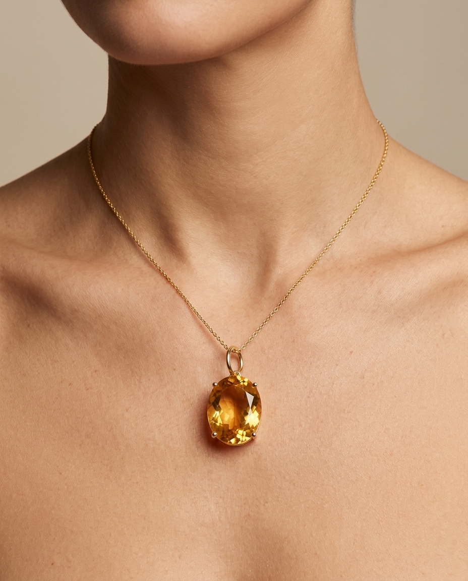 14KT Yellow Gold Oval Citrine Pendant on model