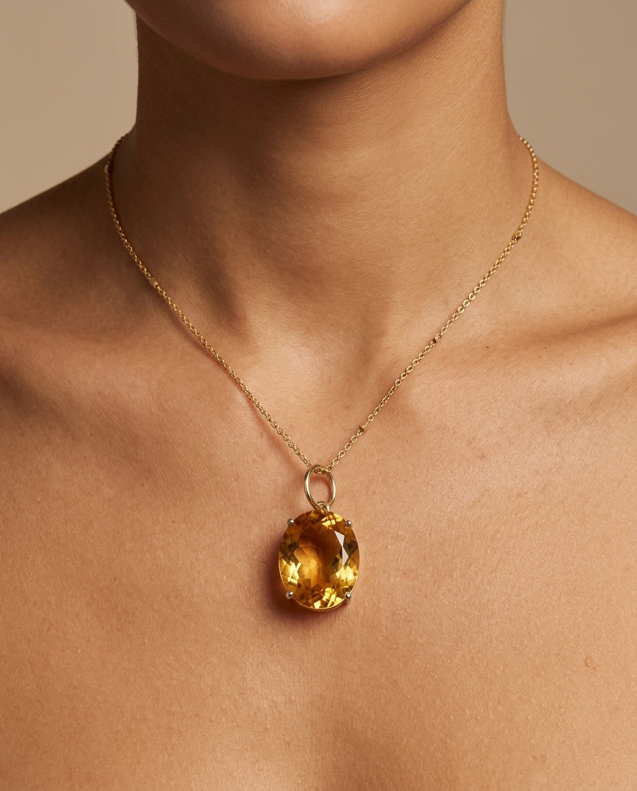 14KT Yellow Gold Oval Citrine Pendant on model