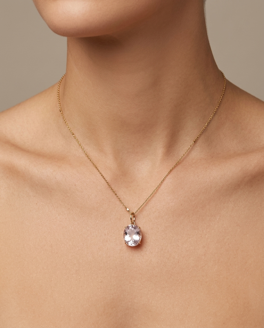 14KT Yellow Gold Kunzite Oval Pendant on model