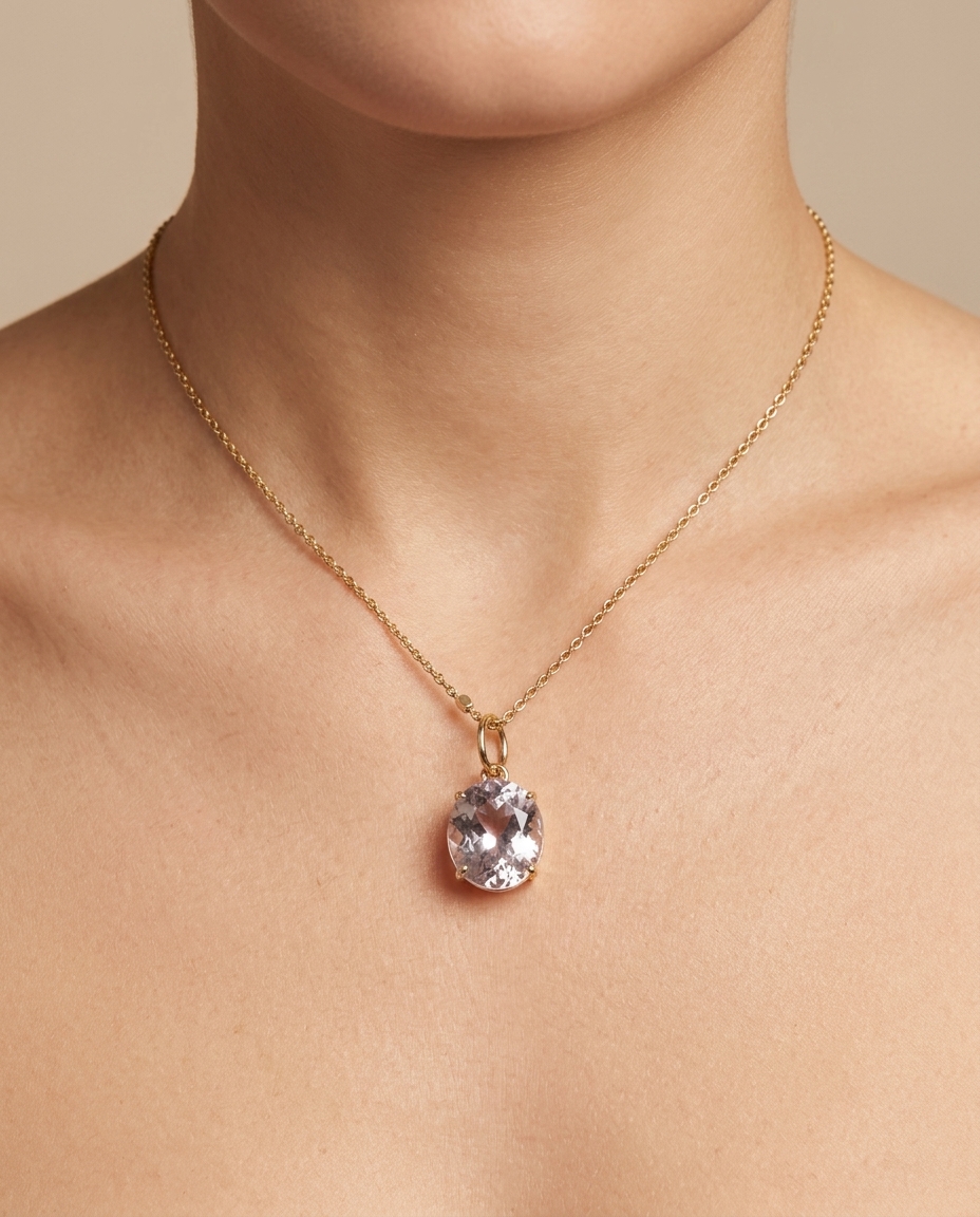 14KT Yellow Gold Kunzite Oval Pendant on model