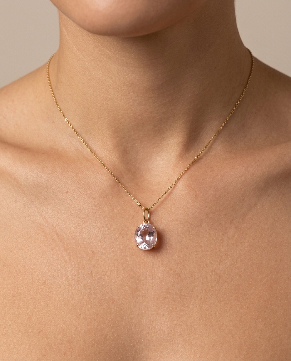 14KT Yellow Gold Kunzite Oval Pendant on model