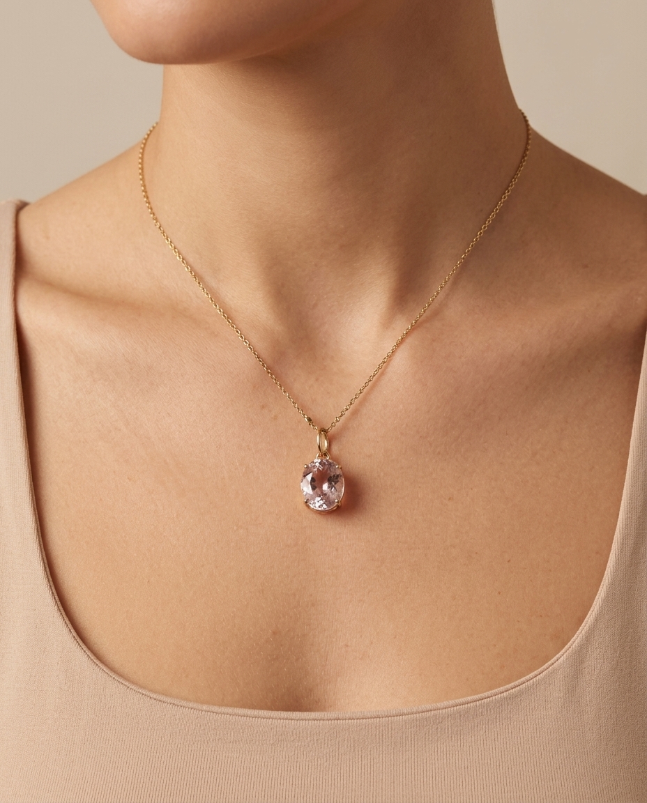 14KT Yellow Gold Kunzite Oval Pendant on model