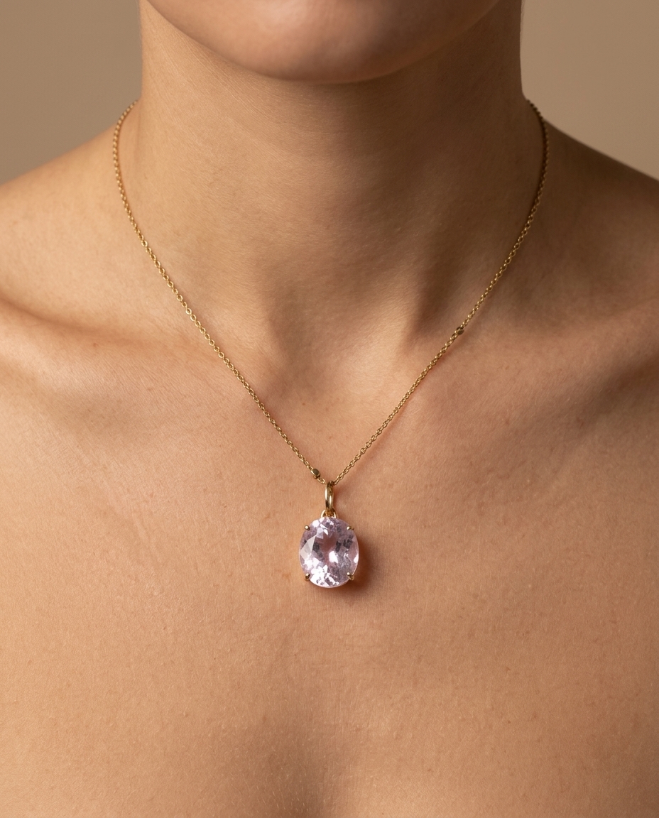 14KT Yellow Gold Kunzite Oval Pendant on model