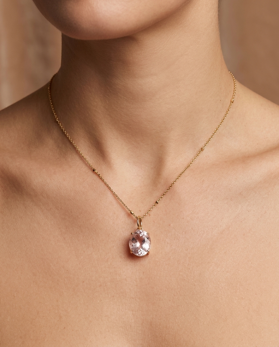 14KT Yellow Gold Kunzite Oval Pendant on model