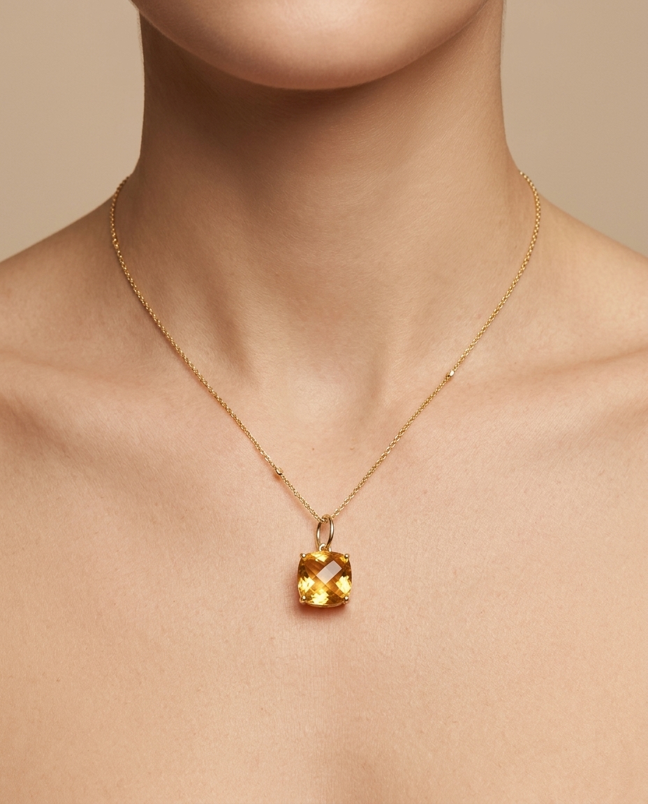 14KT Yellow Gold Citrine Square Pendant on model