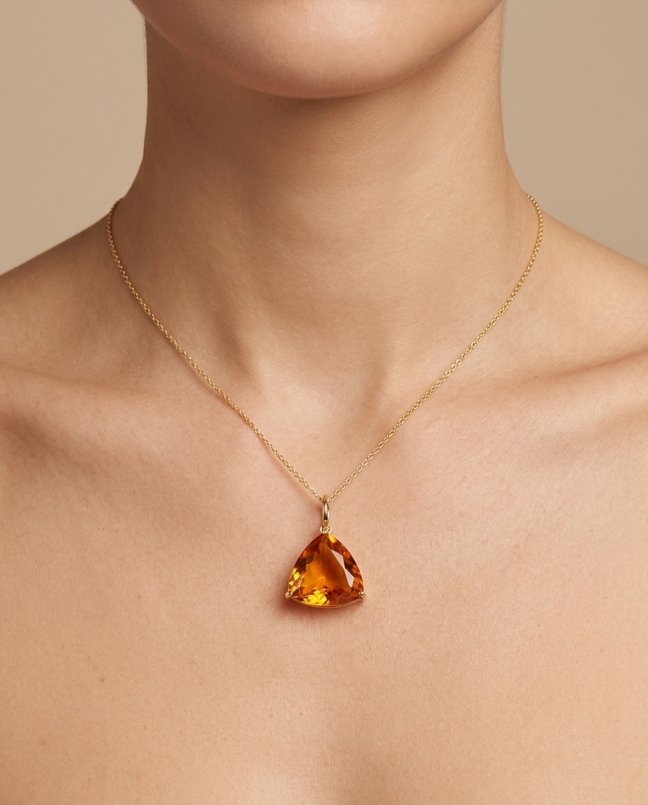 14KT Gold Citrine Triangle Pendant on model