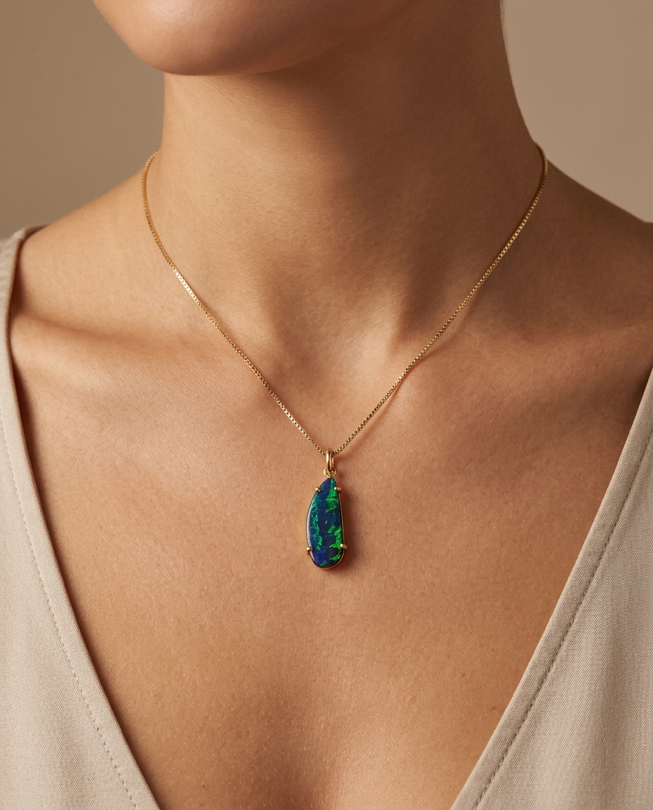 14KT Yellow Gold Opal Doublet Pendant on model