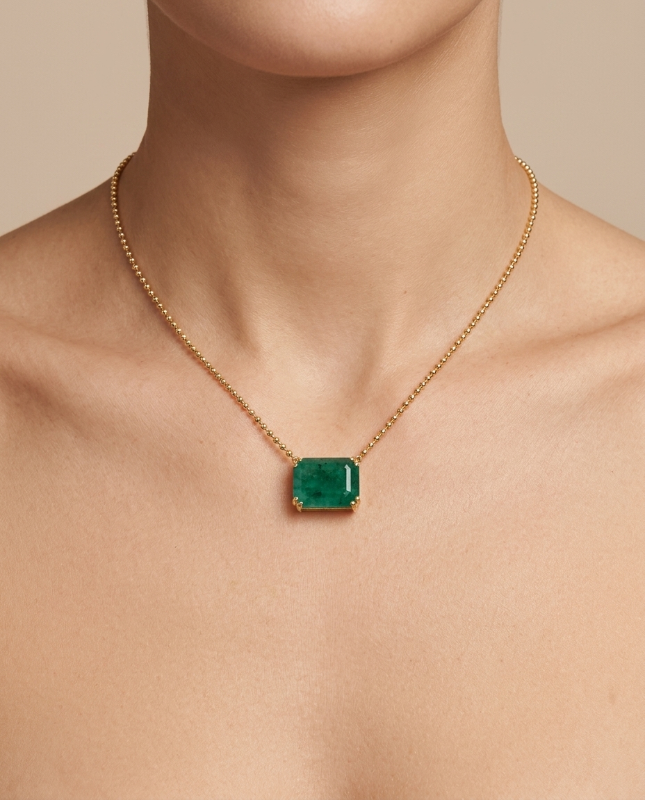 14KT Yellow Gold Emerald Necklace with Ball Chain on model