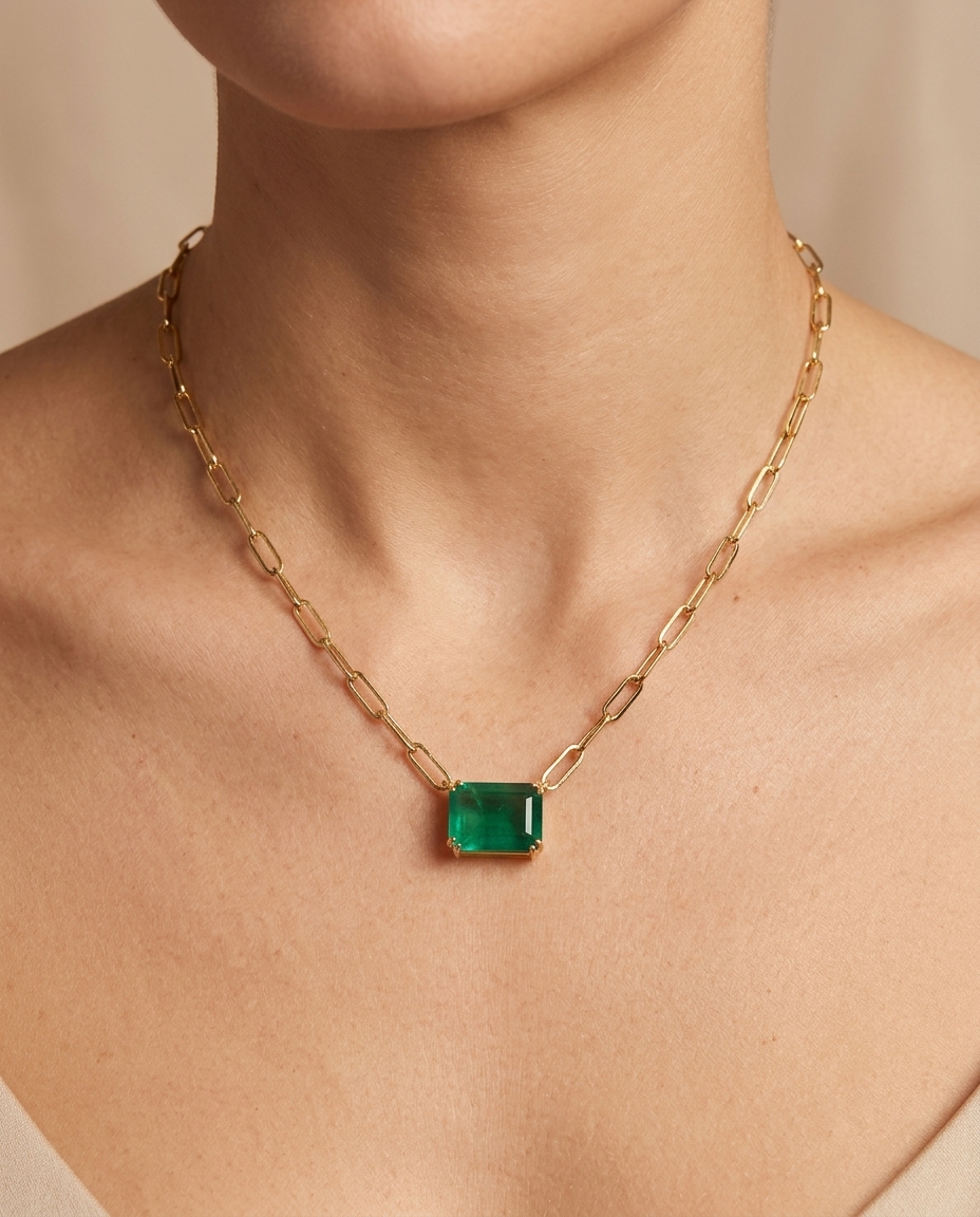 14KT Yellow Gold Emerald Necklace with Paperclip Chain on model