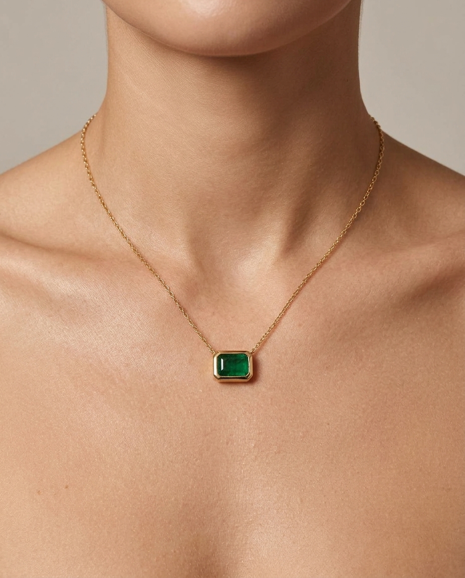 14KT Yellow Gold Emerald Necklace on model