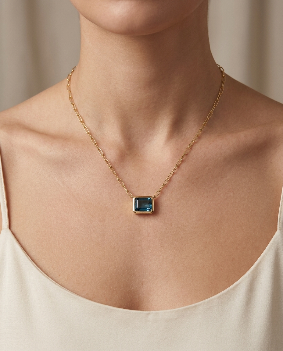 14KT Yellow Gold London Blue Topaz Necklace on model
