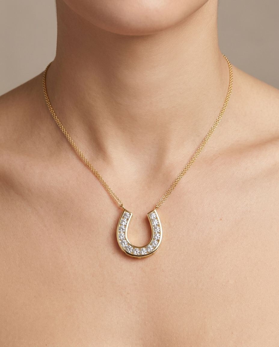 14KT Yellow Gold Diamond Horseshoe Pendant on model