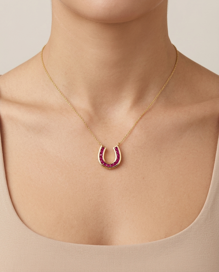 14KT Yellow Gold Ruby Horseshoe Pendant on model