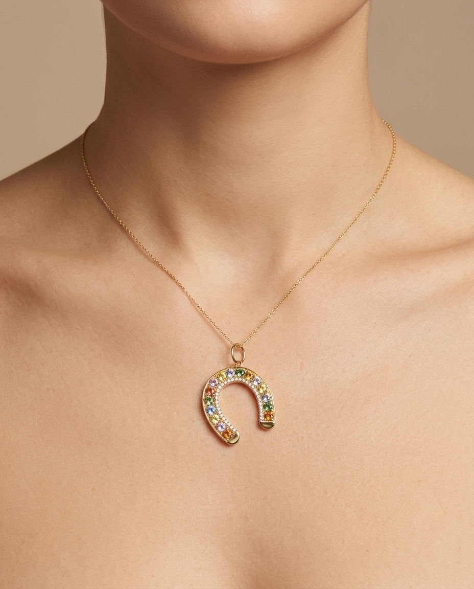 14KT Gold Multi Sapphire Horseshoe Pendant on model
