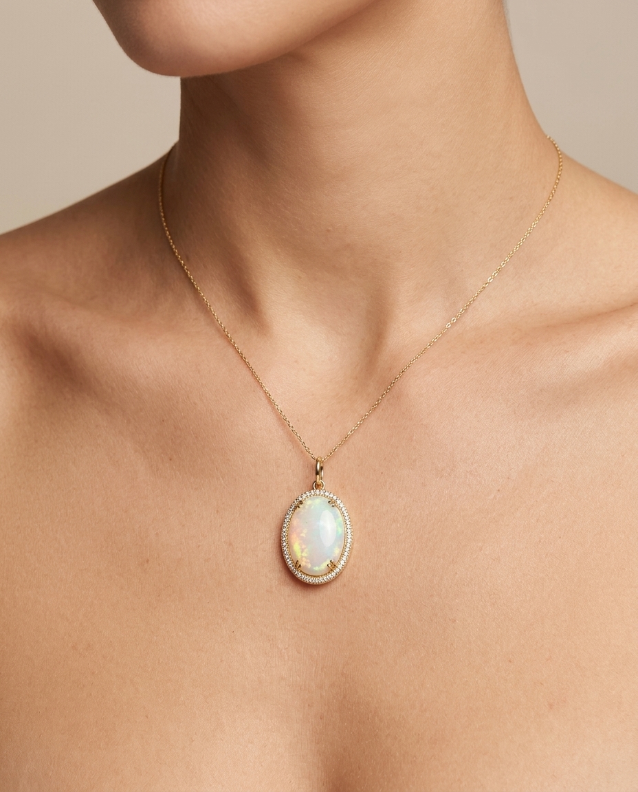 14KT Yellow Gold Opal and Diamonds Pendant on model