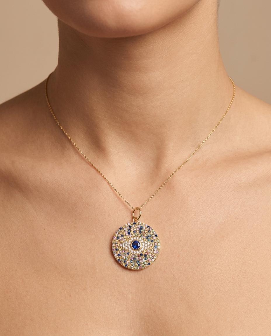 14KT Yellow Gold Multi Sapphire and Diamonds Evil Eye Pendant on model