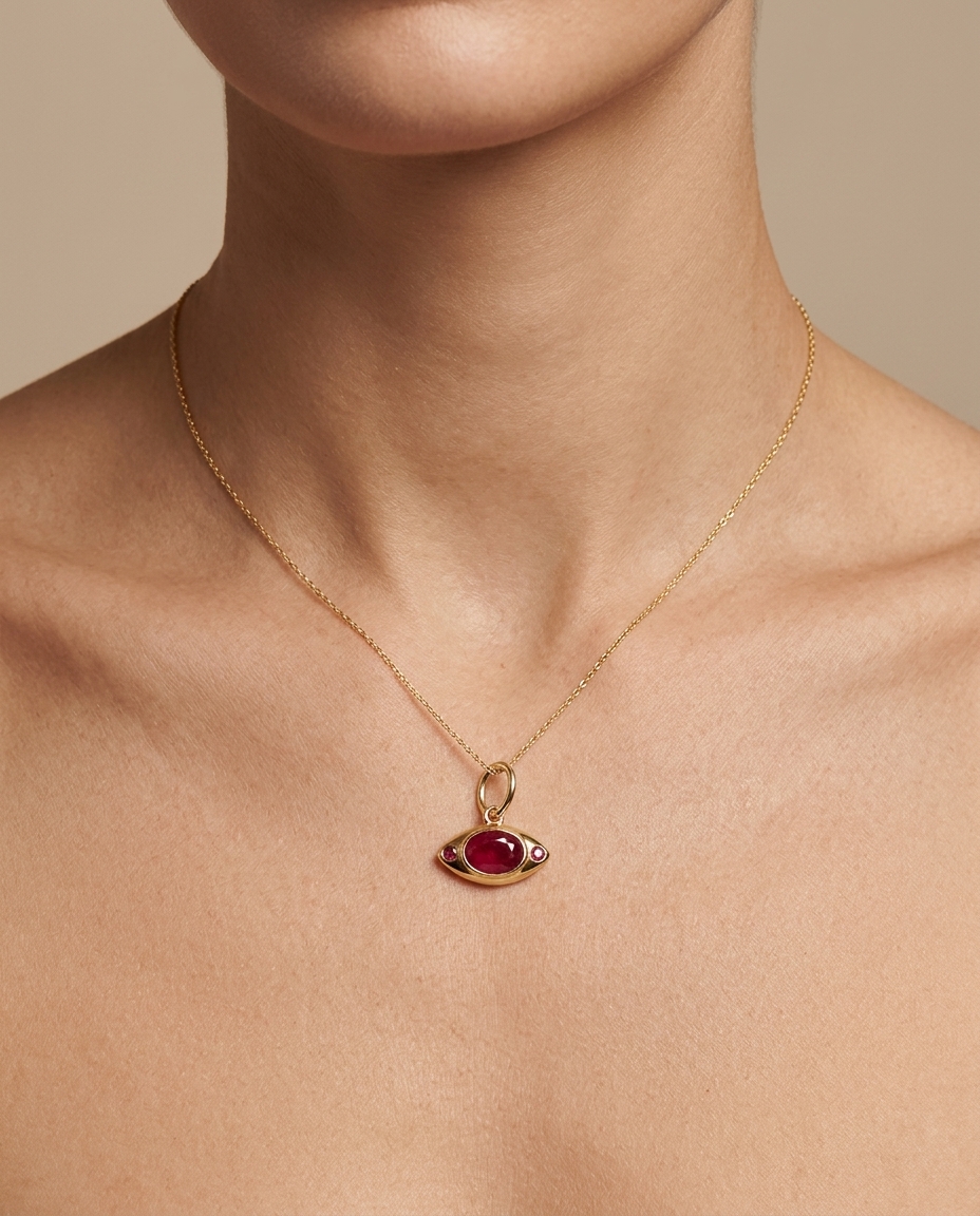 14KT Yellow Gold Ruby Evil Eye Pendant on model