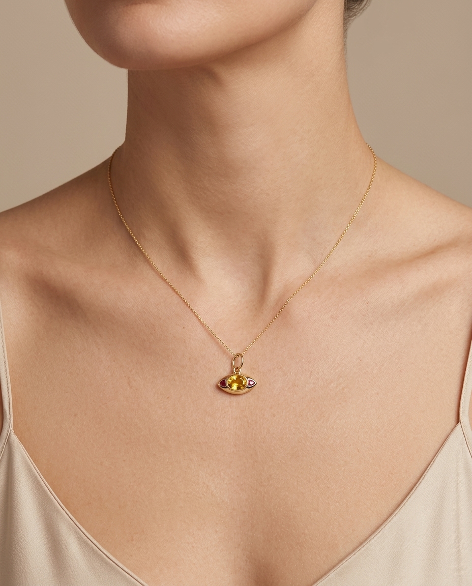14KT Yellow Gold Yellow Sapphire Evil Eye Pendant on model