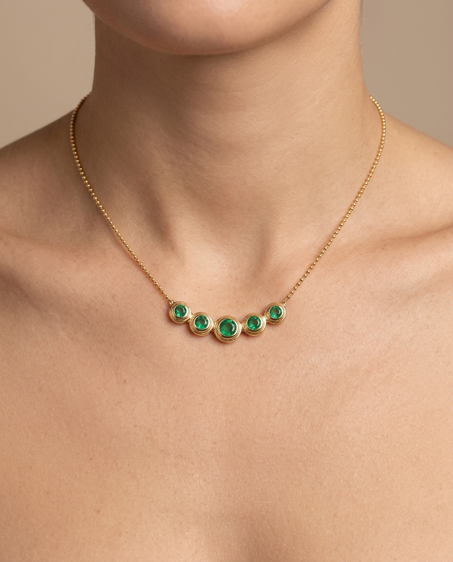 14KT Yellow Gold Emerald Bar Necklace on model