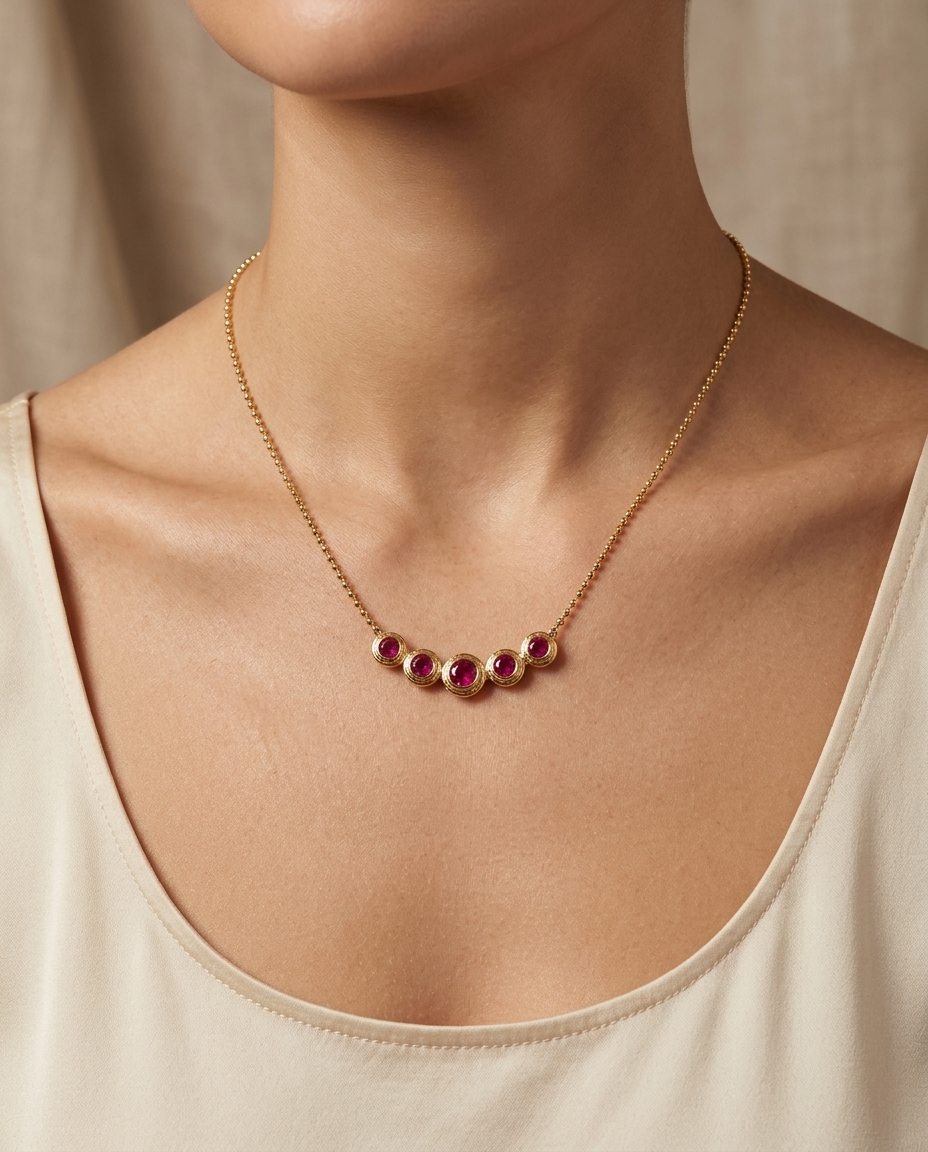 14KT Yellow Gold Ruby Bar Necklace on model