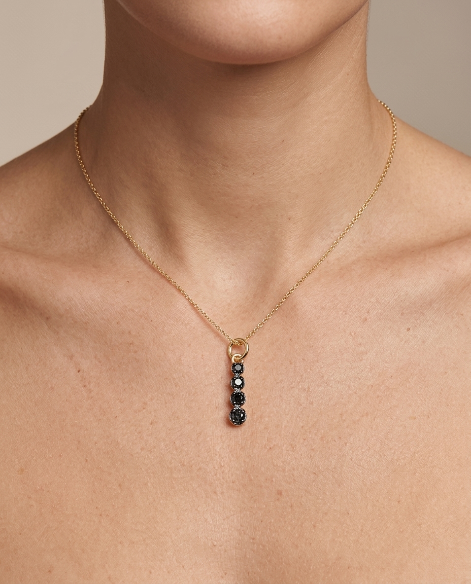 14KT Yellow Gold Black Diamonds Linear Pendant on model