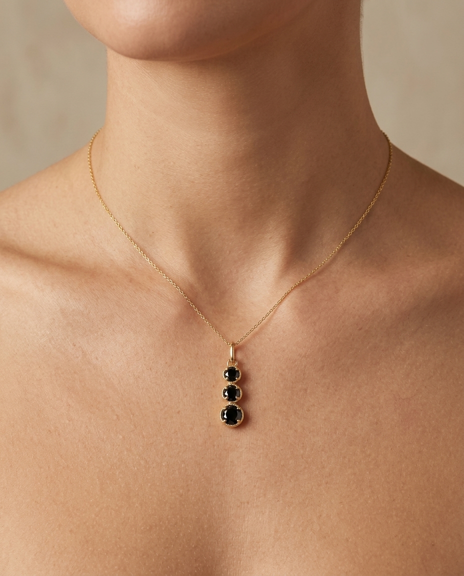 14KT Yellow Gold Black Diamonds Linear Pendent on model
