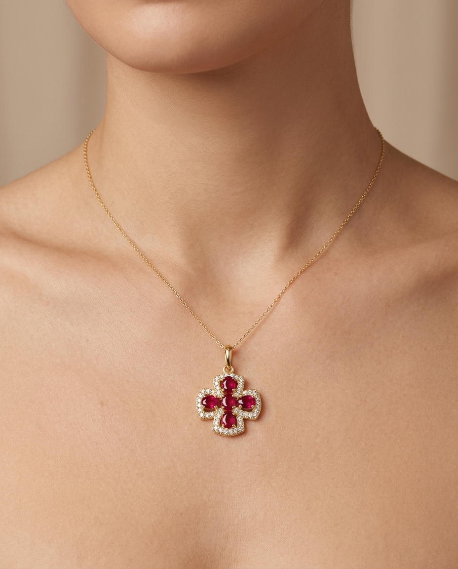 14KT Yellow Gold Ruby and Diamond Pendant on model