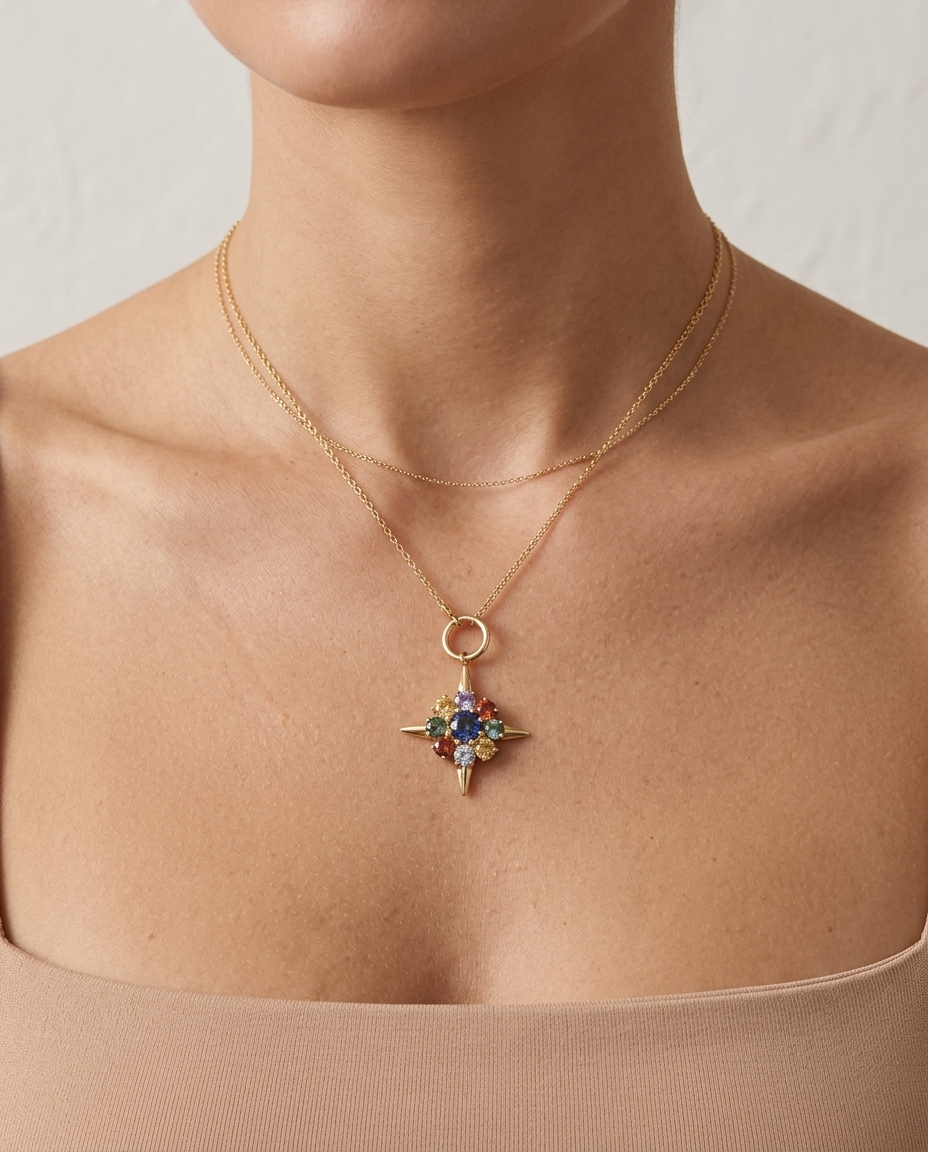 14KT Yellow Gold Multi Sapphire Compass Pendent on model