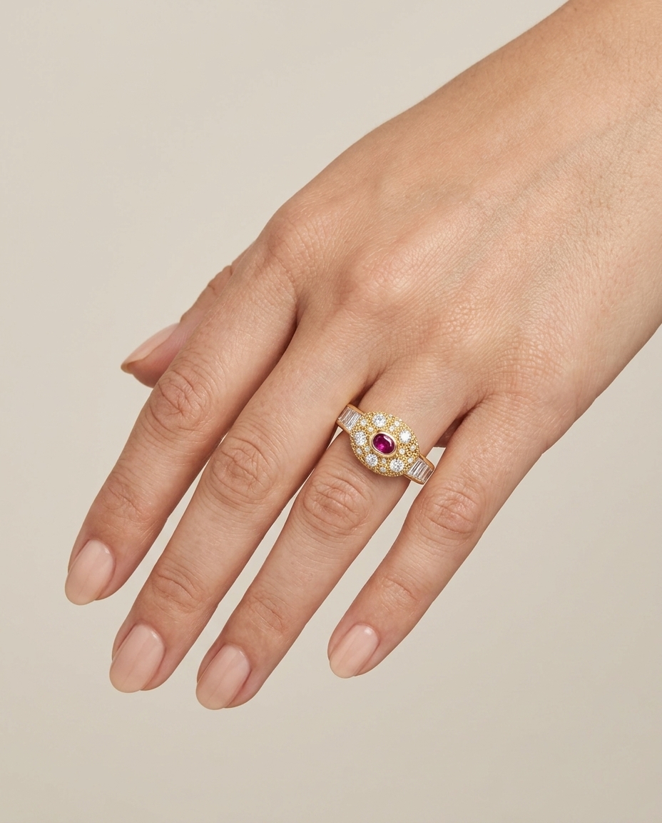 18KT Yellow Gold Ruby and Diamonds Ring on model