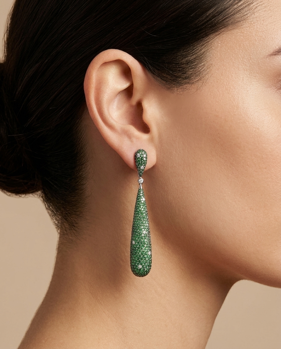 18KT White Gold Tsavorite and Diamond Earring on model
