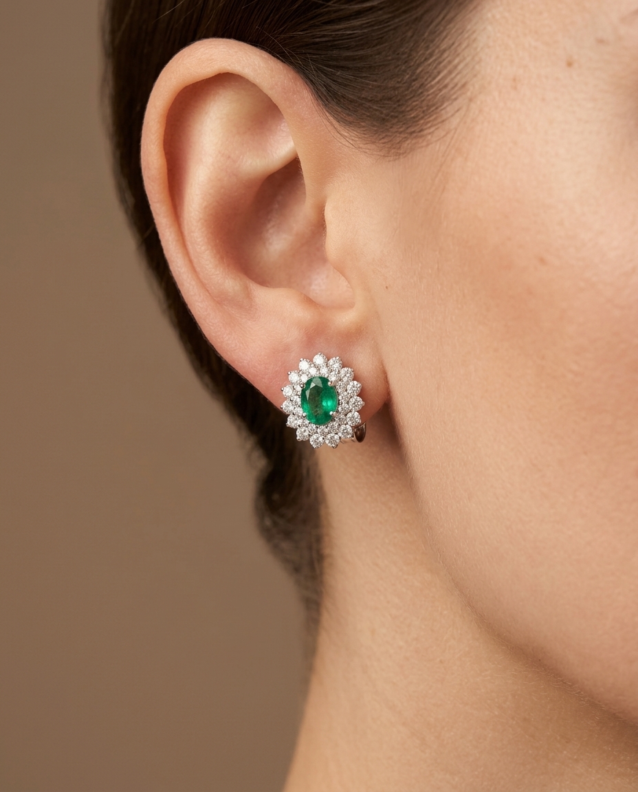 18KT White Gold Emerald and Diamonds Earring on model