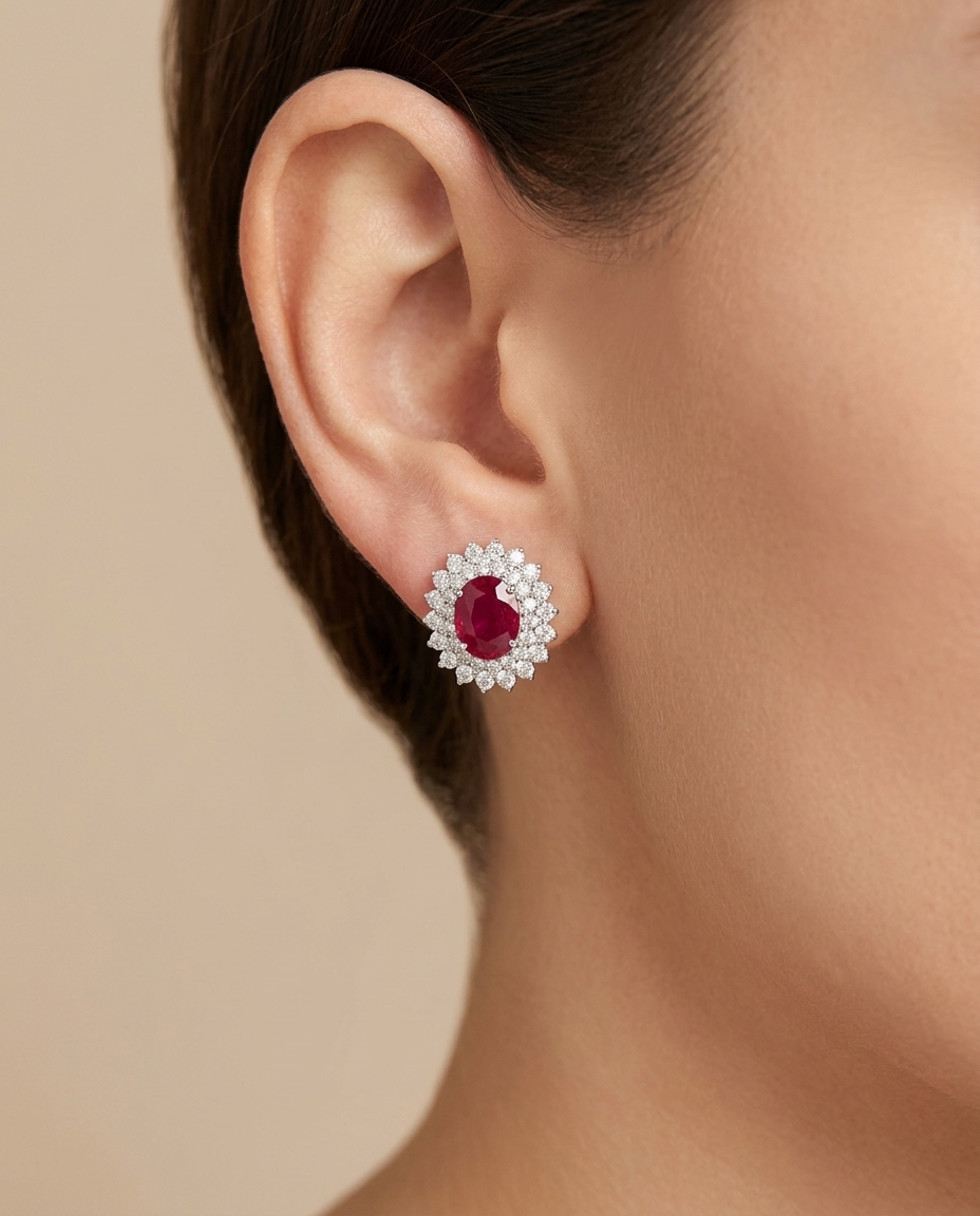 18KT White Gold Ruby and Diamonds Earring on model